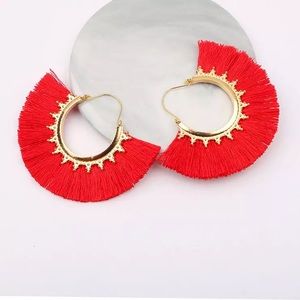 NEW!! Bright Red Round Tassel Earrings